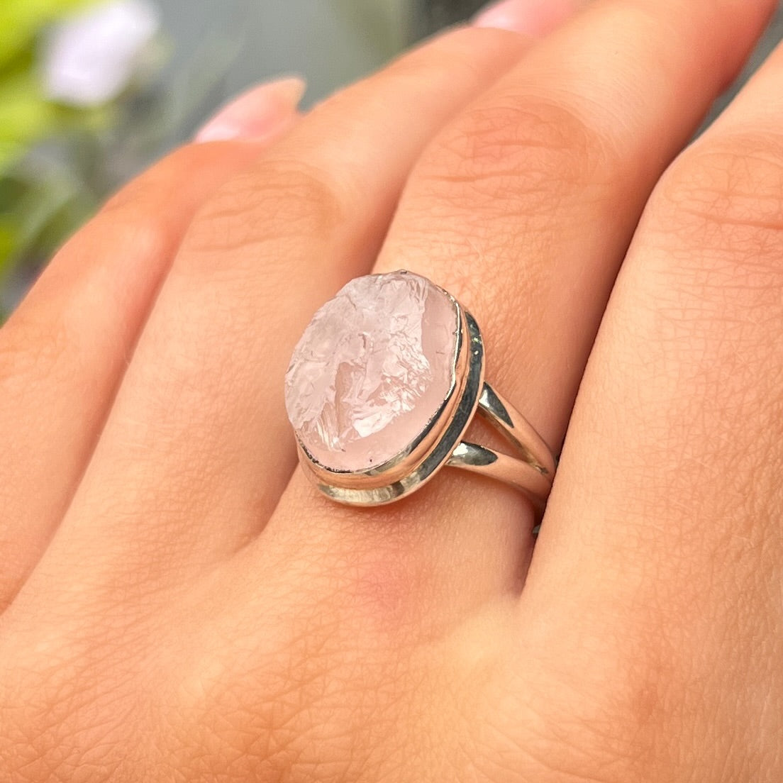 Sterling Silver Rough Oval Cut Pink Rose Quartz Ring - Size M