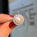 'The Audrey' Pearl and Diamond 9ct Yellow Gold Halo Cluster Ring | Size O