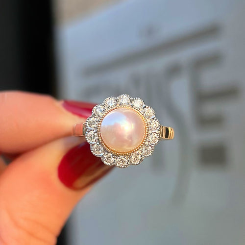 'The Audrey' Pearl and Diamond 9ct Yellow Gold Halo Cluster Ring | Size O