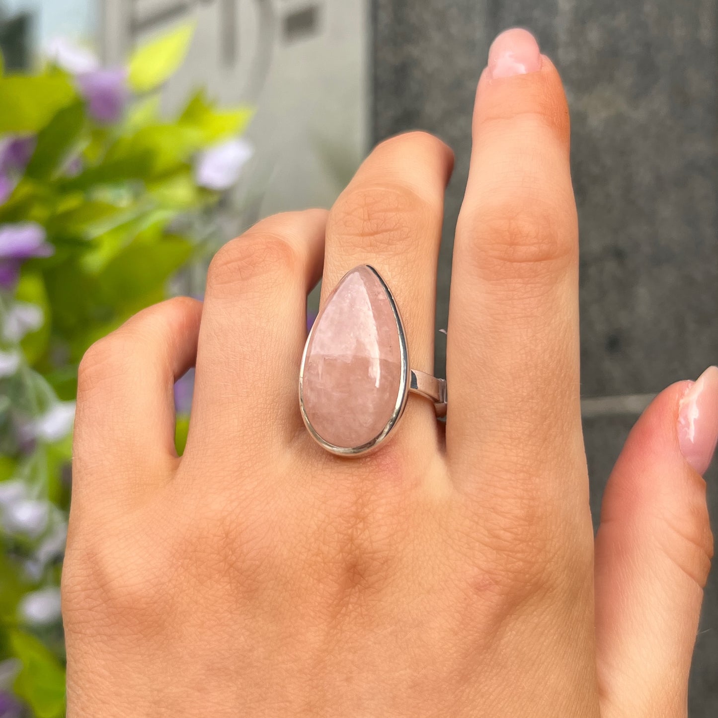 Sterling Silver Pear Cut Pink Rose Quartz Ring - Adjustable Size