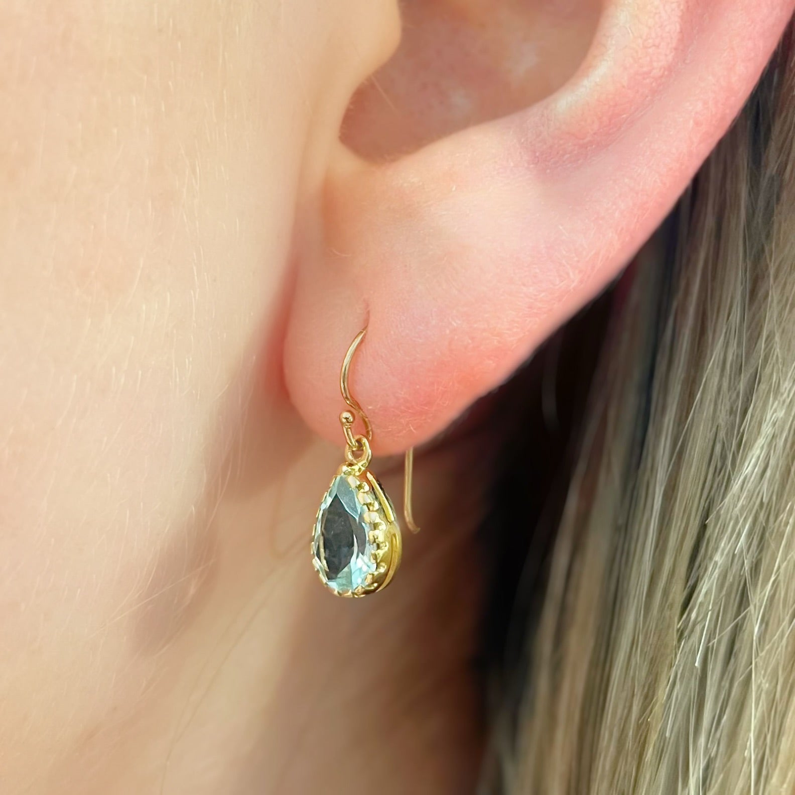 Pear Cut Aquamarine 9ct Yellow Gold Drop Earrings