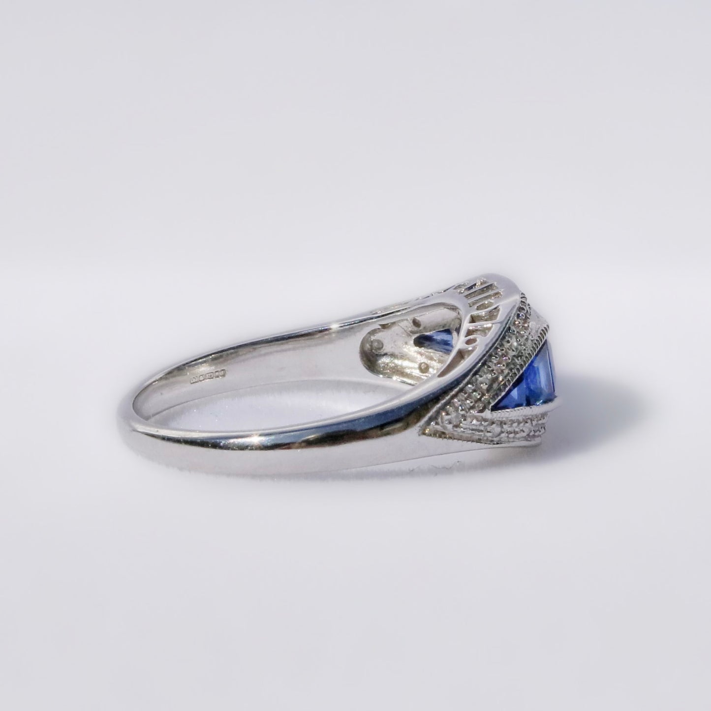 Art Deco Inspired 9ct White Gold Madagascar Blue Sapphire and Diamond Ring - Size O