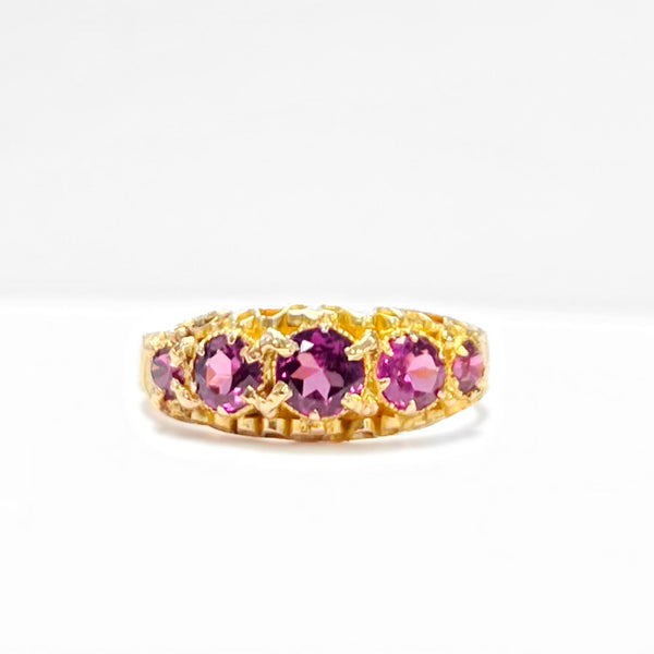 Antique 15ct Yellow Gold Graduated Almandine Garnet Five Stone Ring - Size J
