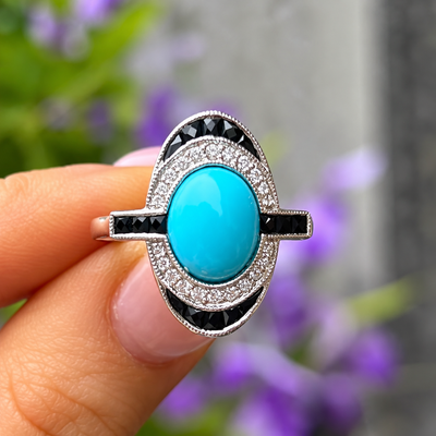 Turquoise, Onyx and Diamond 18ct Yellow Gold Ring | Size O