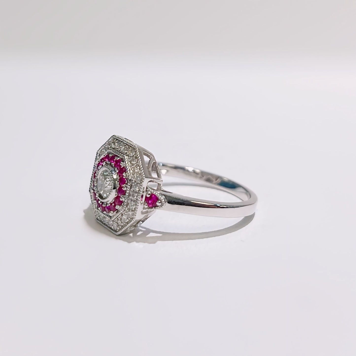 18ct White Gold Art Deco Reproduction Ruby and Diamond Halo Cluster Ring - Size N ½