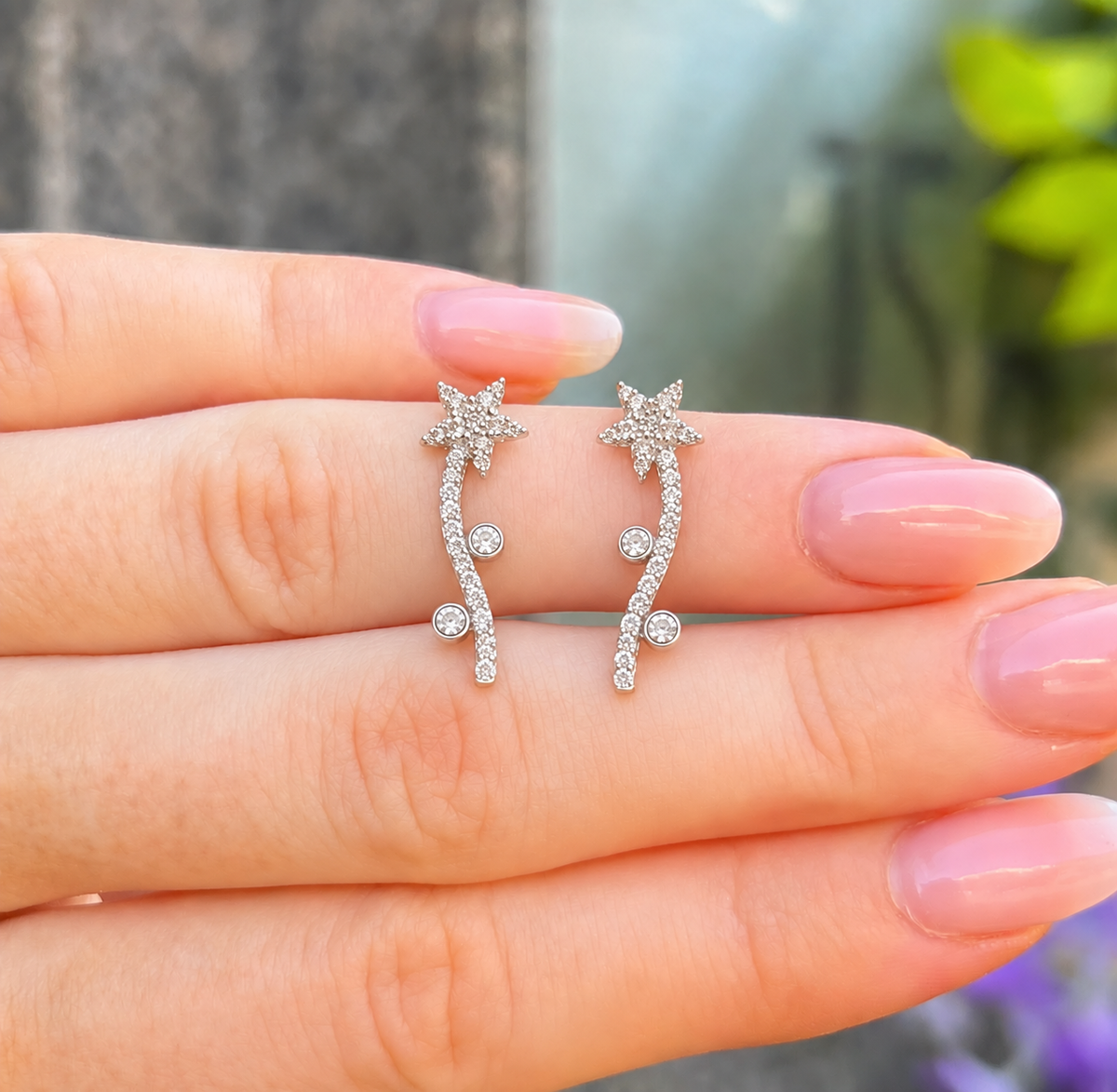 Cubic Zirconia Sterling Silver Shooting Star Stud Earrings
