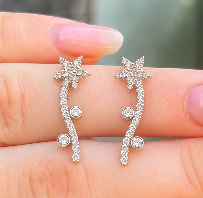 Cubic Zirconia Sterling Silver Shooting Star Stud Earrings