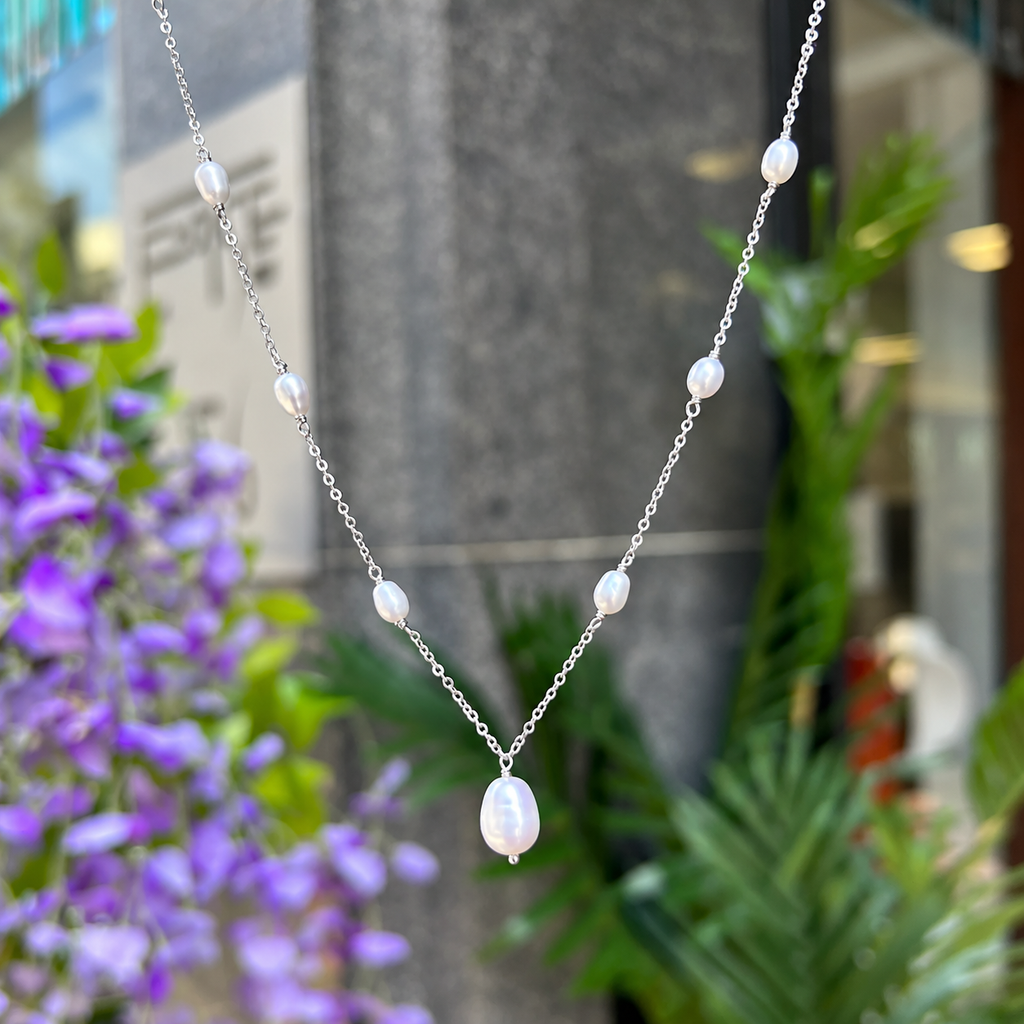 Pearl Sterling Silver Dainty Station Necklace