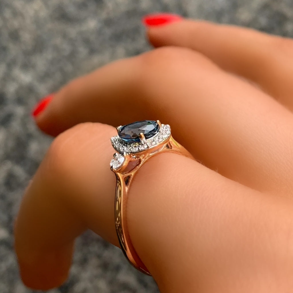 London Blue Topaz and Diamond 9ct Rose Gold Ring | Size M