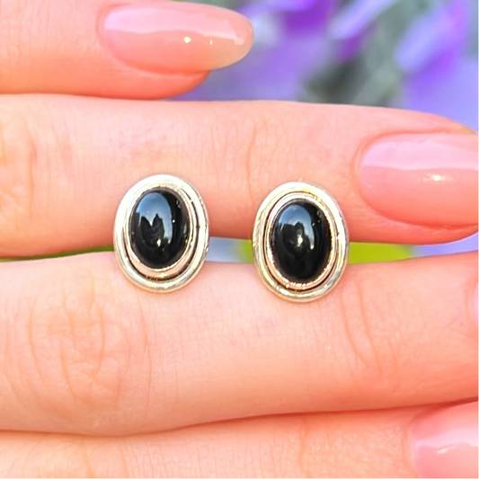 Sterling Silver Black Onyx Oval Stud Earrings