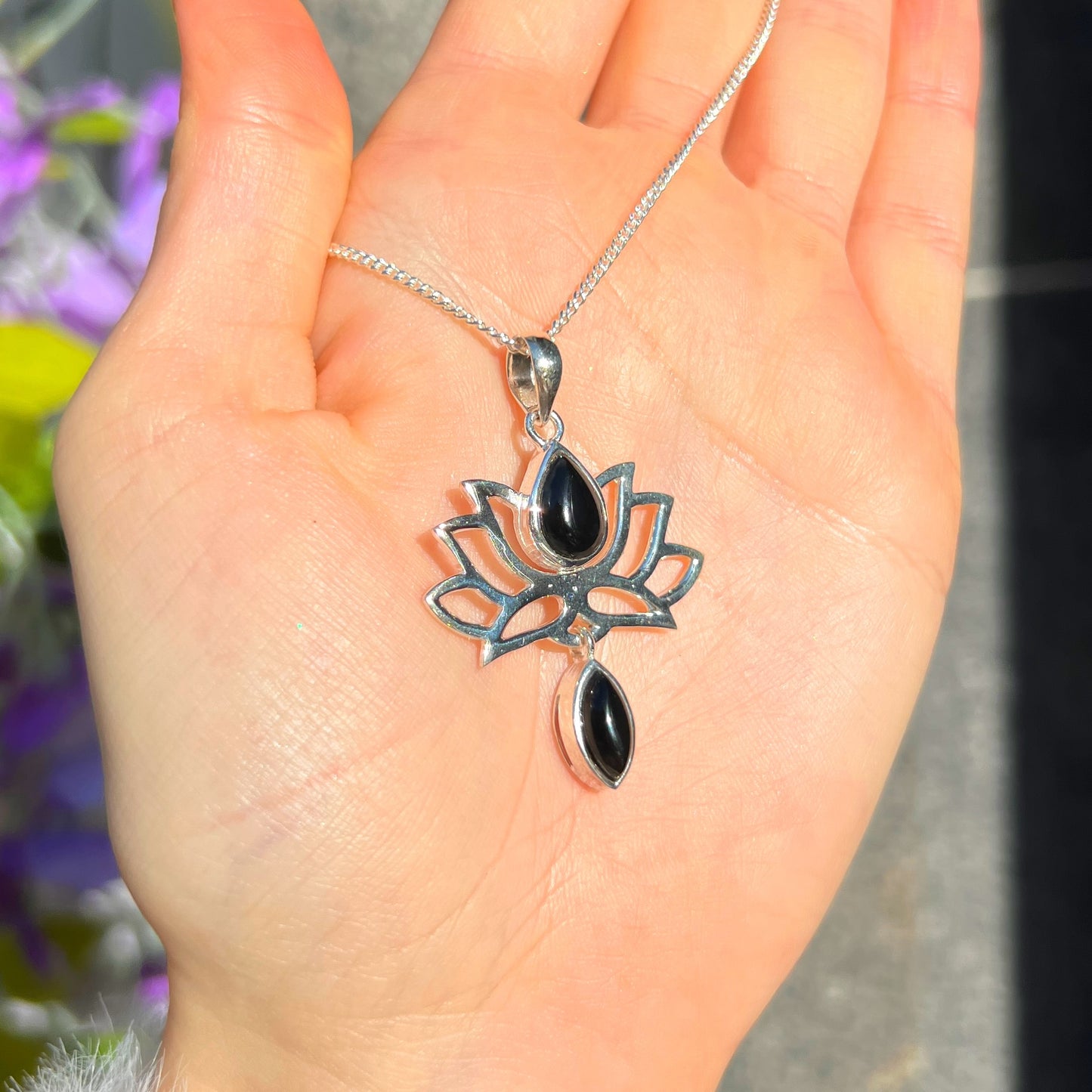 Sterling Silver Black Onyx Lotus Flower Necklace