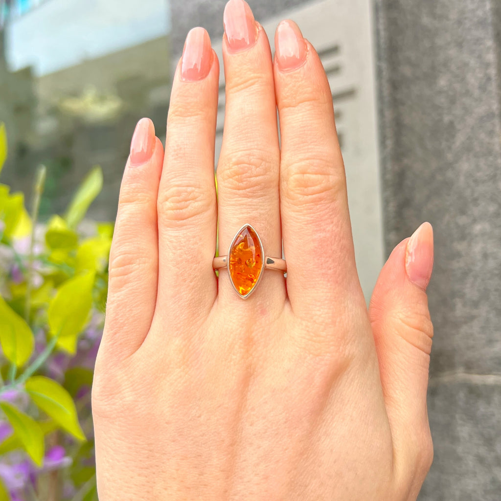 Orange Amber Sterling Silver Marquise Cut Ring | Size M