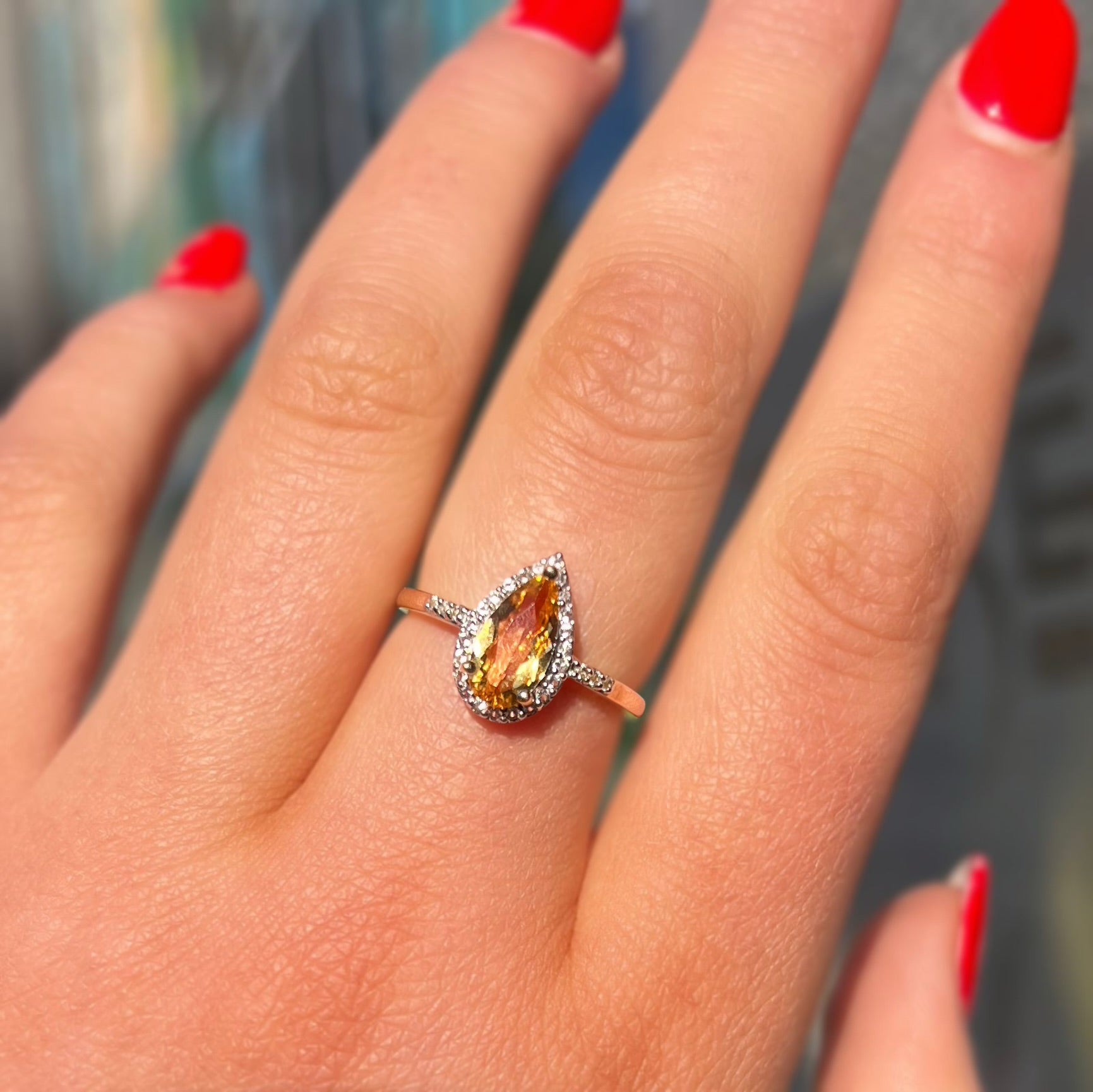 'The Belle' Citrine and Diamond 9ct Yellow Gold Pear Halo Ring | Size N