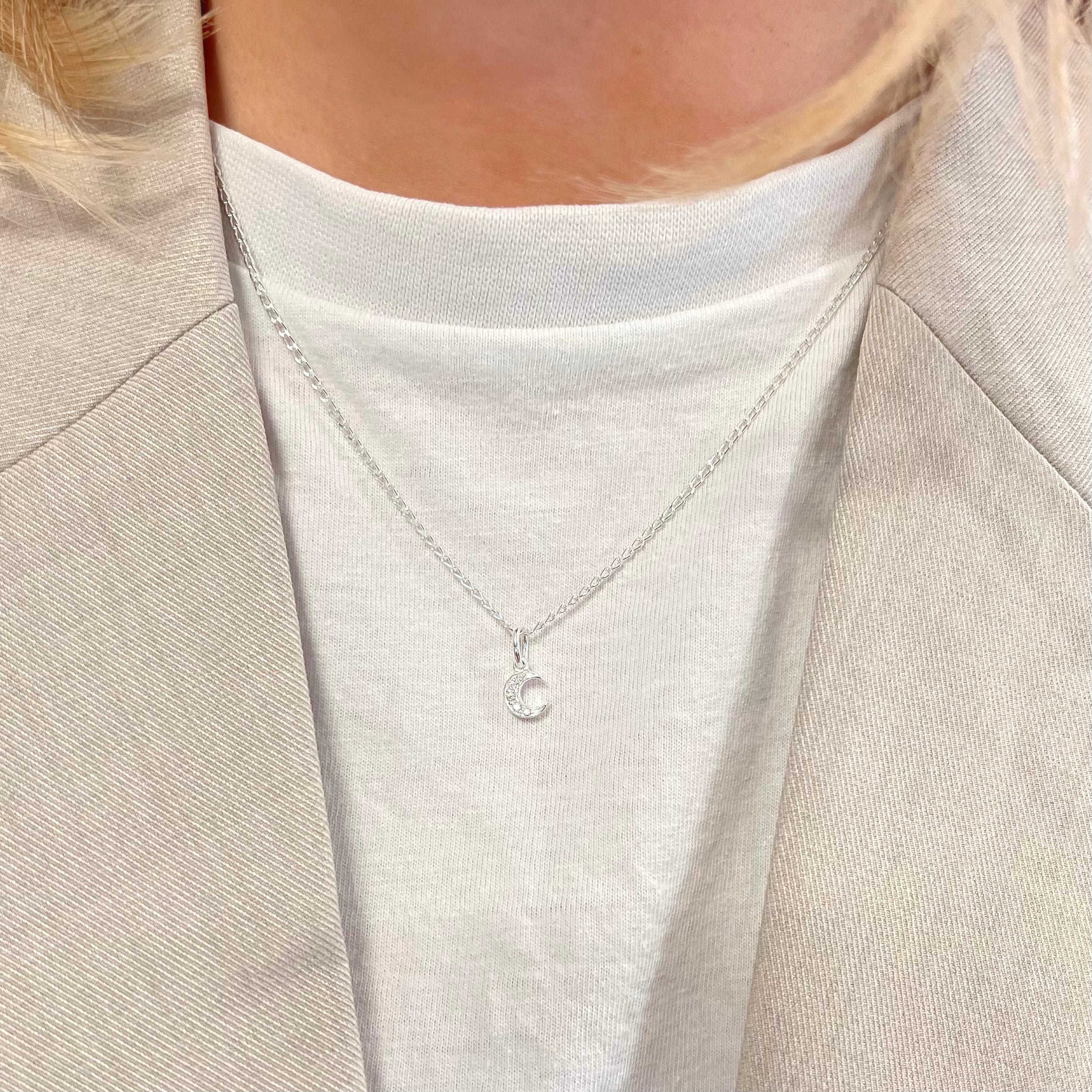 Cubic Zirconia Sterling Silver Moon Necklace