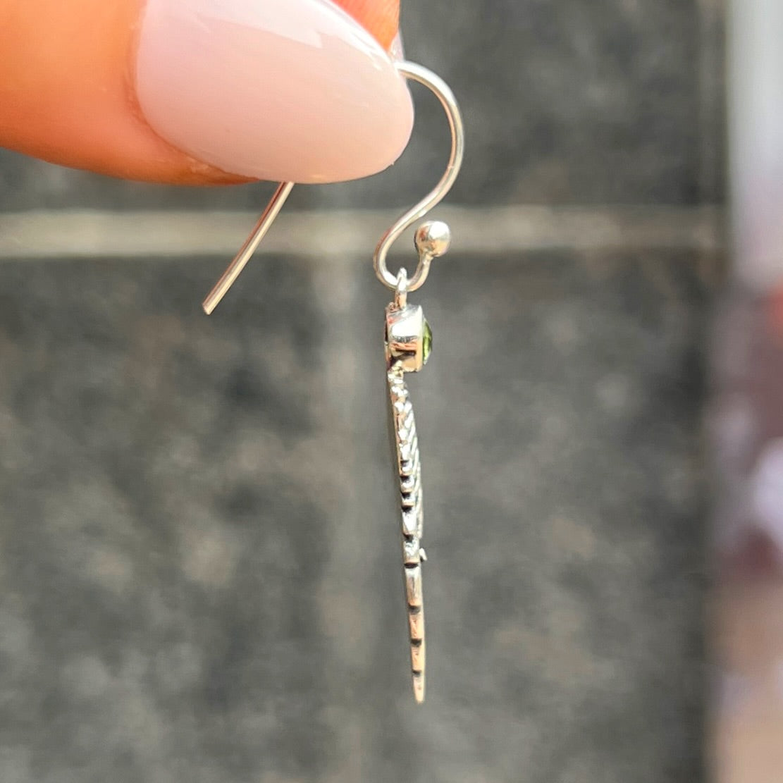 Dainty Sterling Silver Feather Wing Green Peridot Drop Earrings