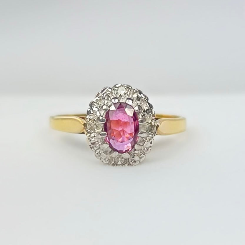 Vintage 9ct Yellow Gold Ruby and Diamond Cluster Ring - Size L