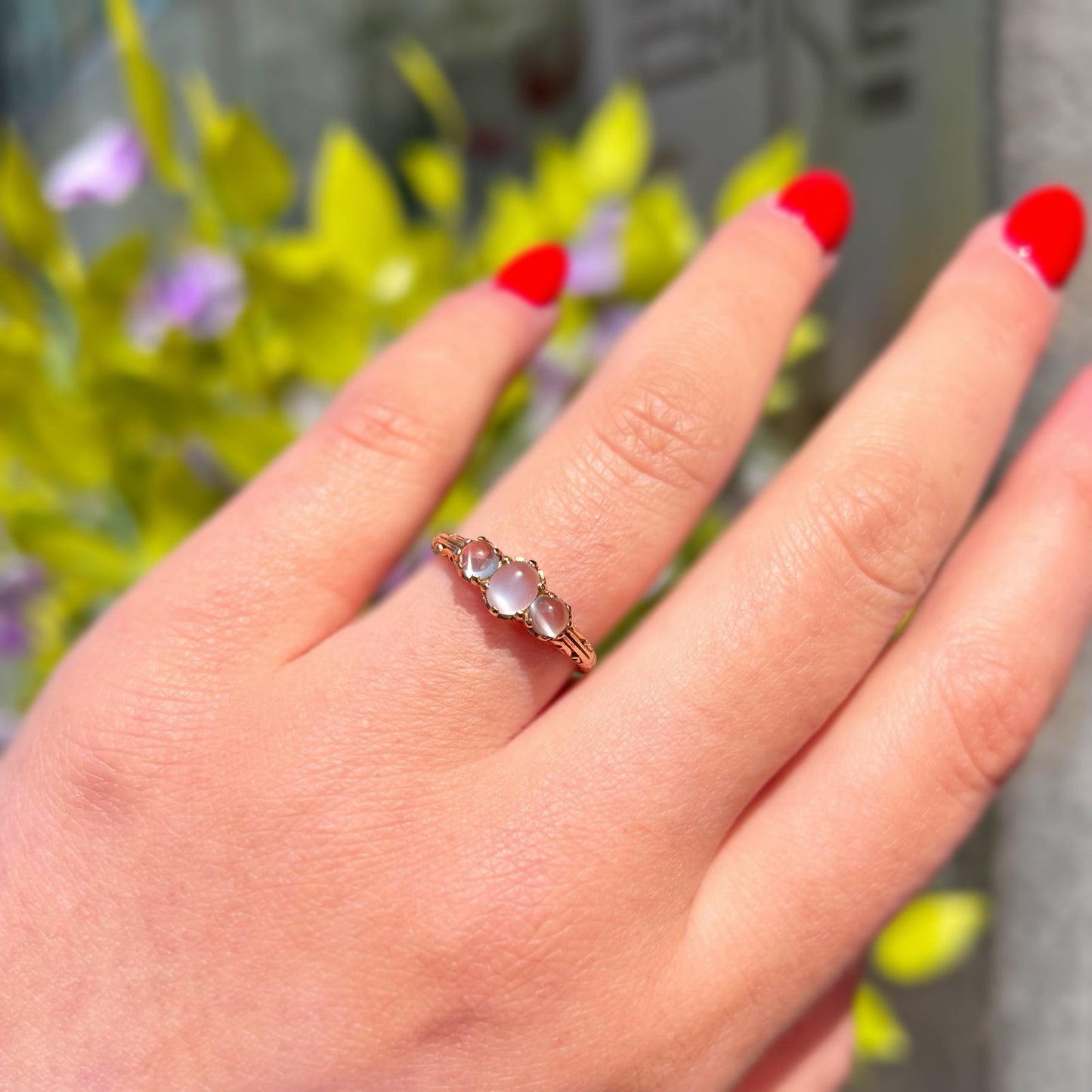 Antique Inspired 9ct Yellow Gold Moonstone Dainty Trilogy Ring - Size M