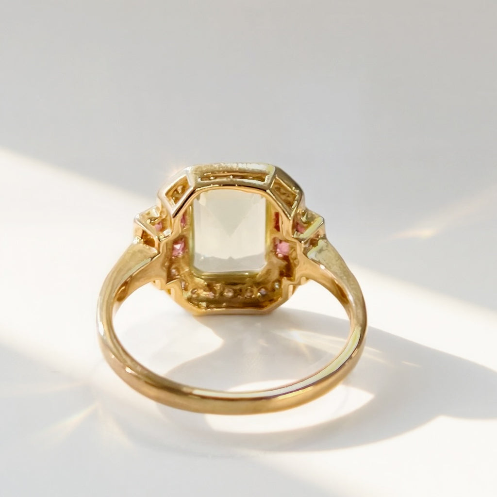 RESERVED | Art Deco Inspired Green Amethyst and Pink Tourmaline 9ct Yellow Gold Ring | Size O ½
