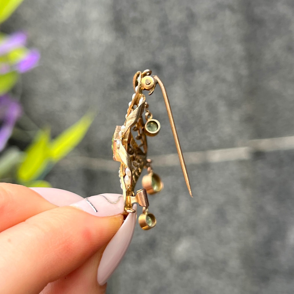 Antique Edwardian Seed Pearl and Peridot 9ct Yellow Gold Brooch/Pendant Lavalier