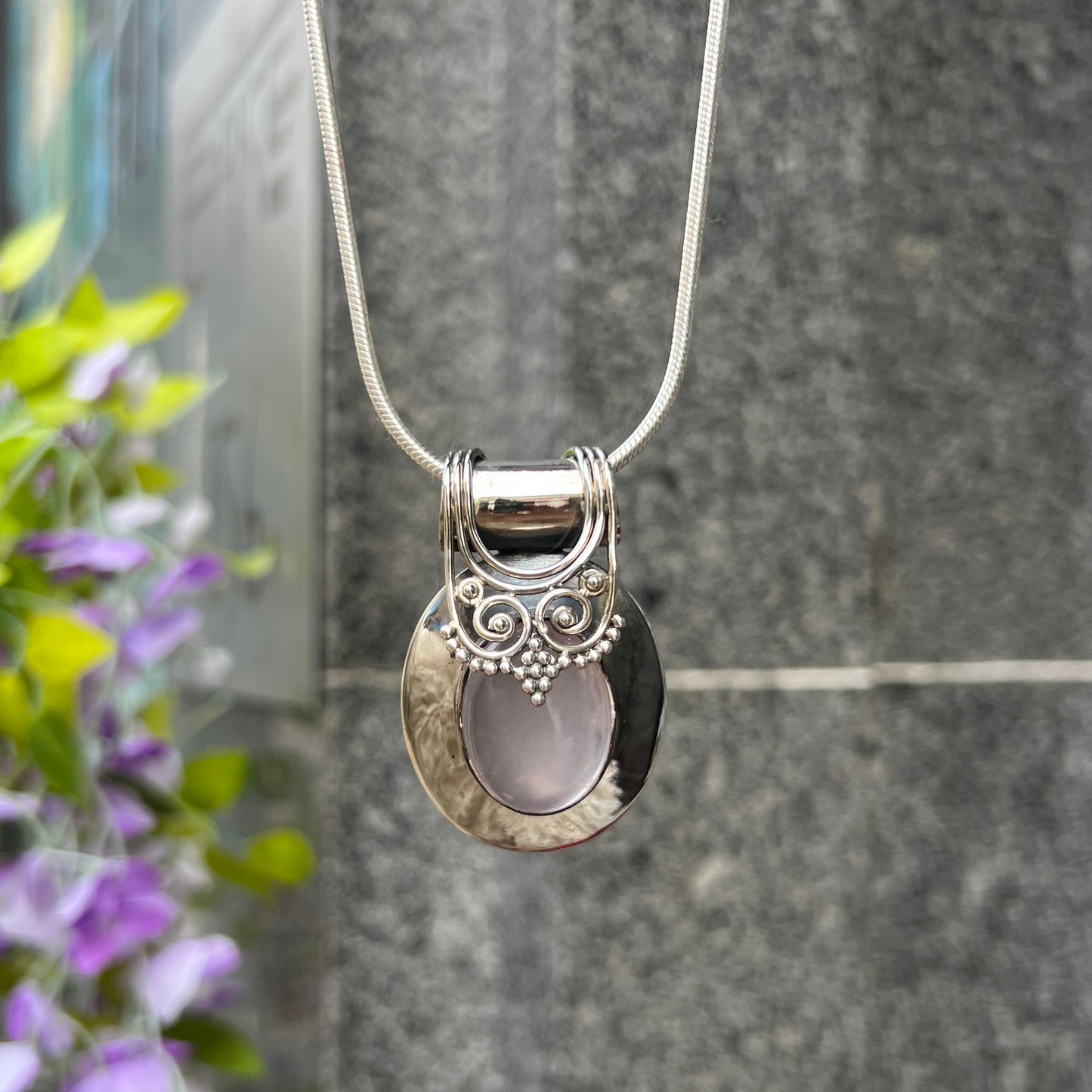 Chunky Sterling Silver Pink Rose Quartz Owl Design Necklace