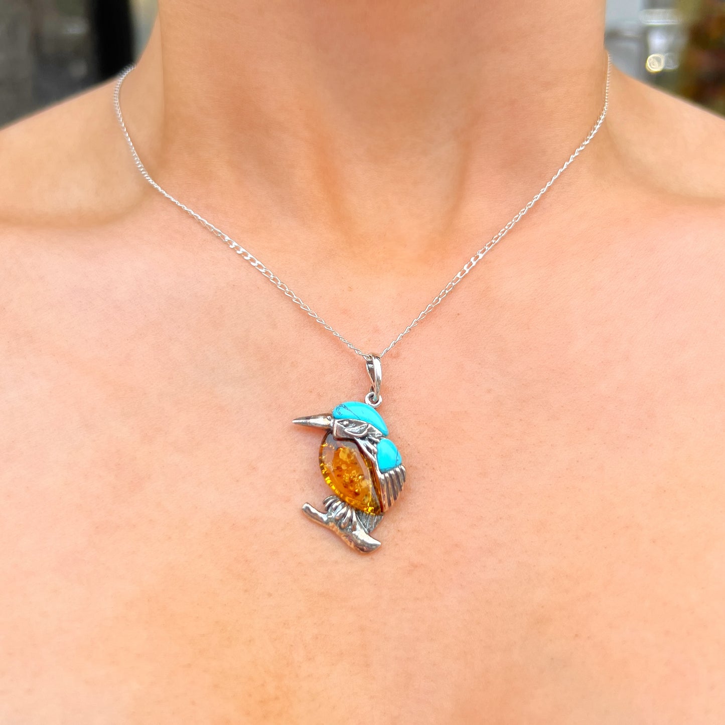 Sterling Silver Orange Amber & Blue Turquoise Bird Design Necklace