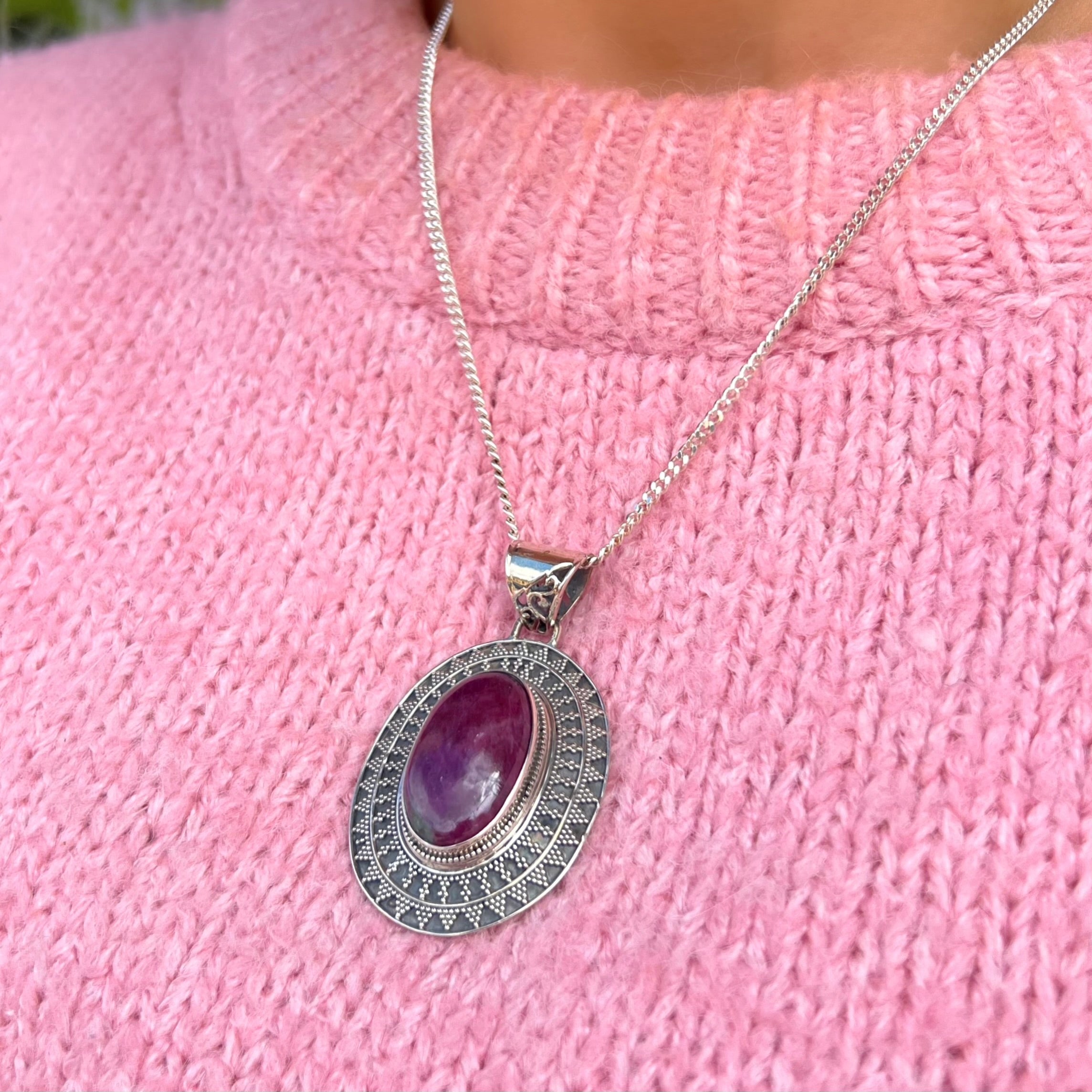 Ruby Sterling Silver Bohemian Chunky Pendant & Chain