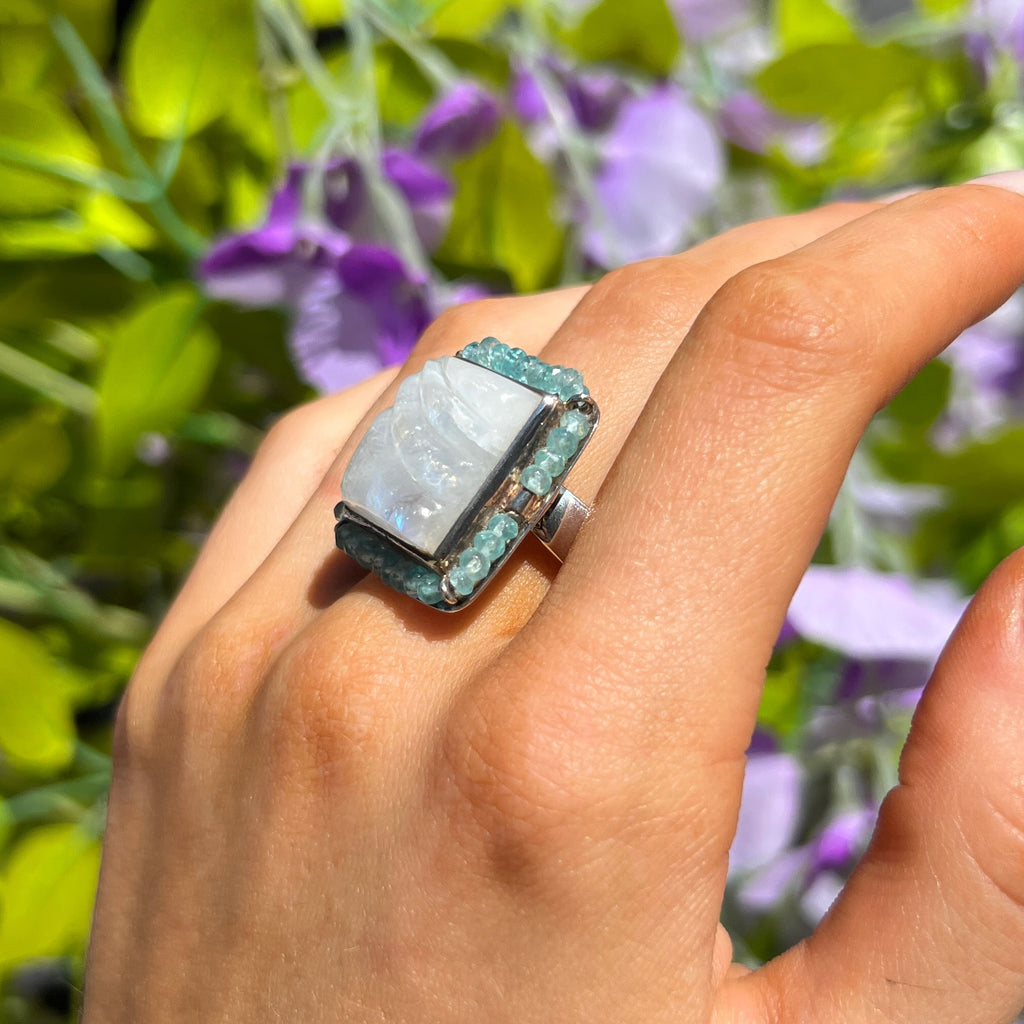 Square Rainbow Moonstone & Aquamarine Beaded Bohemian Ring | Adjustable Size