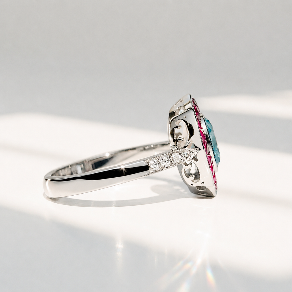 Blue Topaz, Ruby and Diamond 9ct White Gold Ring | Size M ½