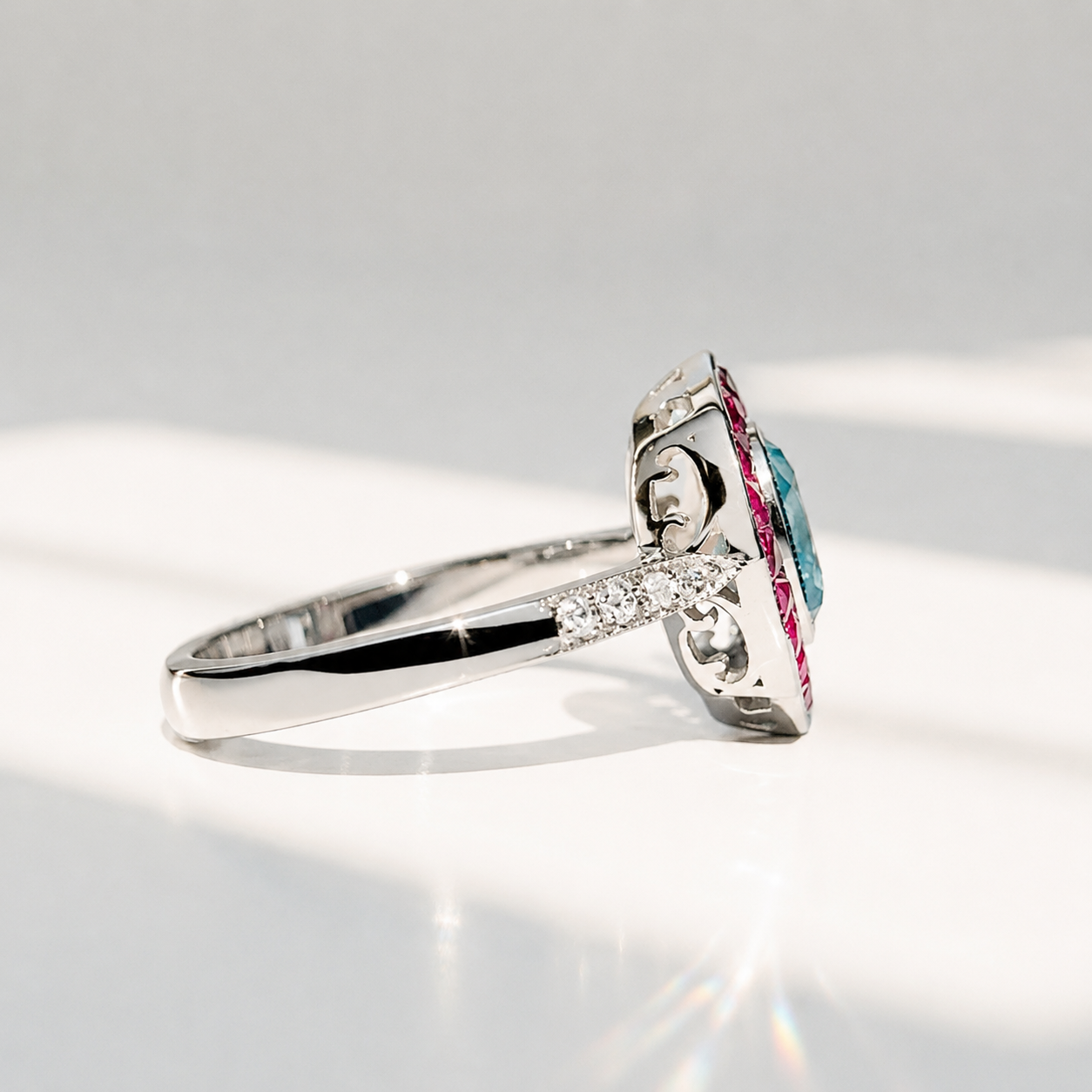 Blue Topaz, Ruby and Diamond 9ct White Gold Ring | Size M ½