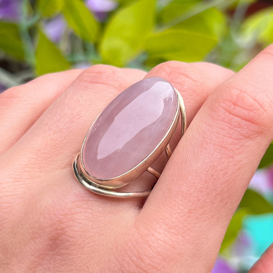 Large Sterling Silver Oval Cut Rose Quartz Ring - Size P