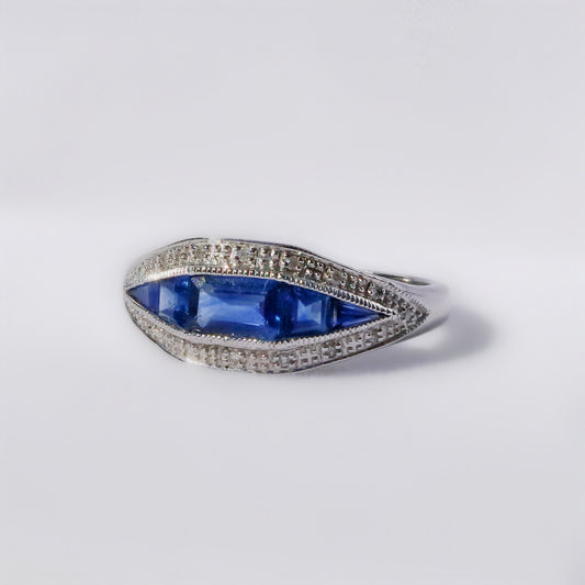 Art Deco Inspired 9ct White Gold Madagascar Blue Sapphire and Diamond Ring - Size O