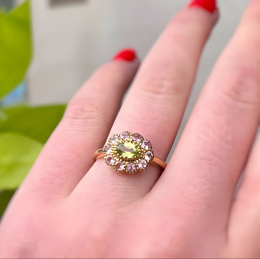 'The Arabella' Victorian Reproduction Peridot and Pink Tourmaline 9ct Yellow Gold Floral Inspired Ring | Size O