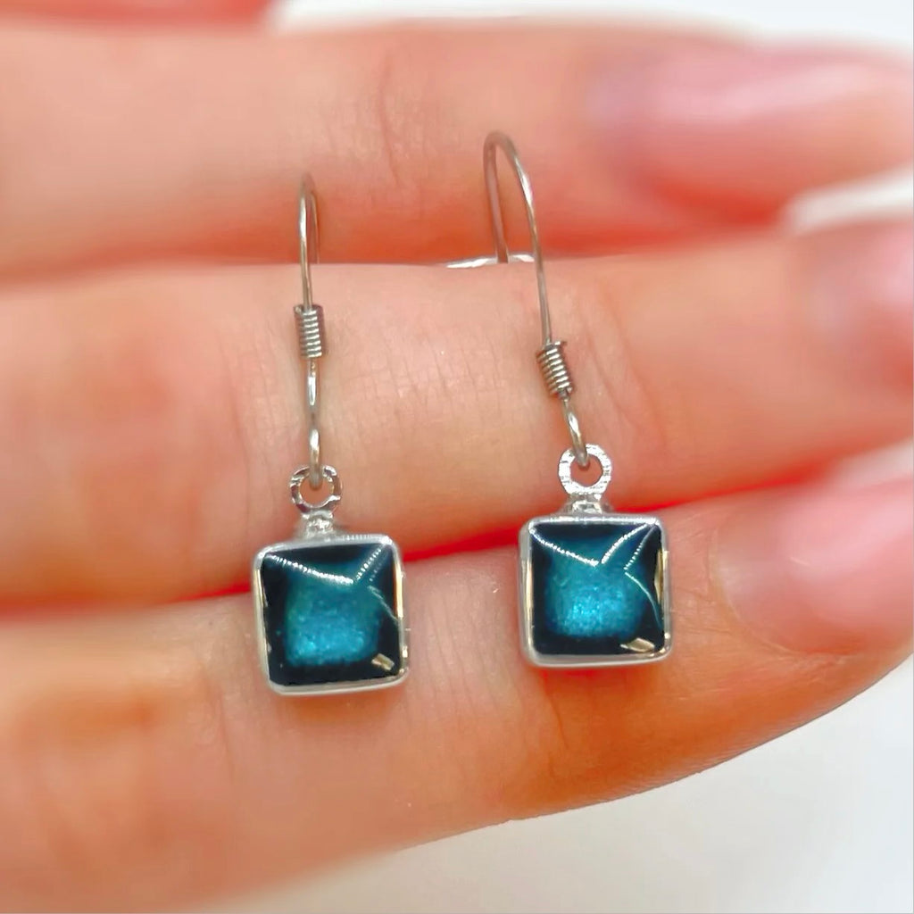 Dark Turquoise Blue Square Drop Earrings | Watch This Space
