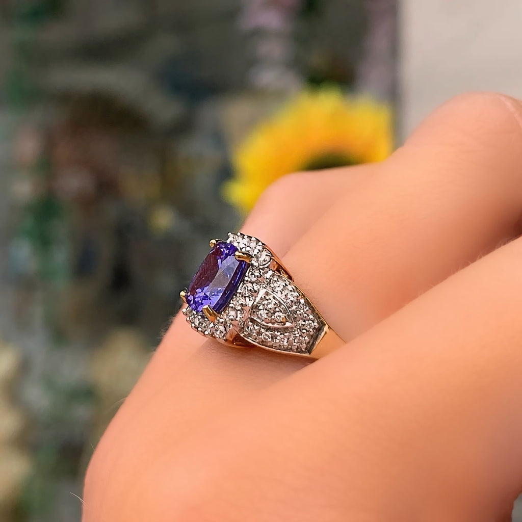Vintage Indigo Tanzanite and Diamond 18ct Yellow Gold Cluster Chunky Ring | Size N
