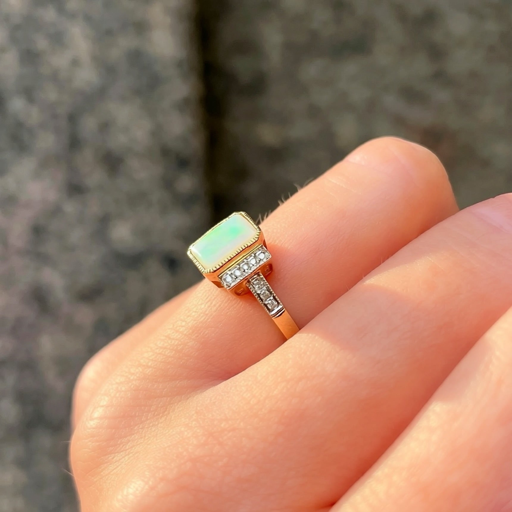'The Opalina' Rectangular Opal and Diamond 9ct Yellow Gold Ring | Size K