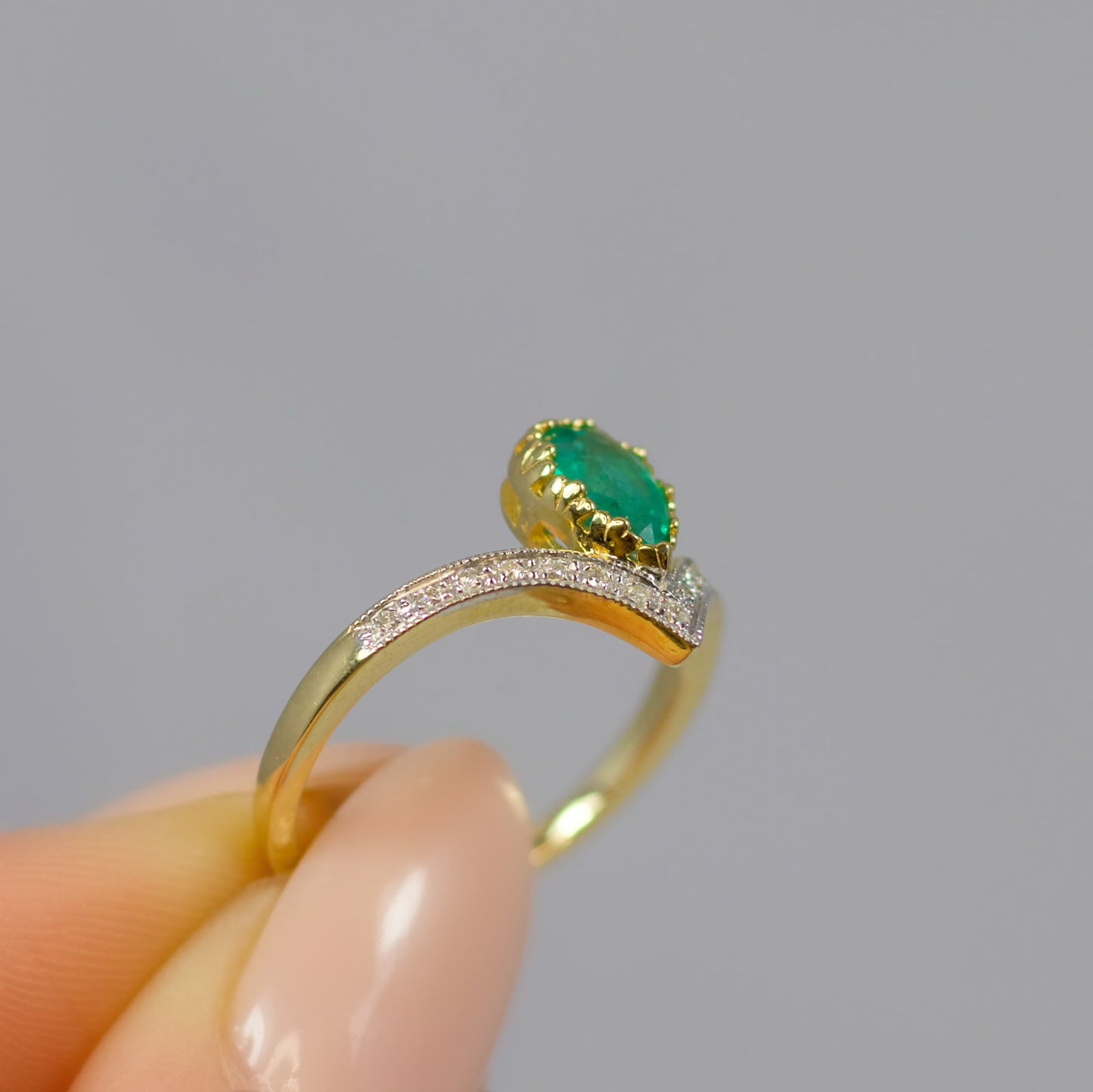 'Ariel' Ring - 9ct Yellow Gold Emerald and Diamond Wishbone Size N ½