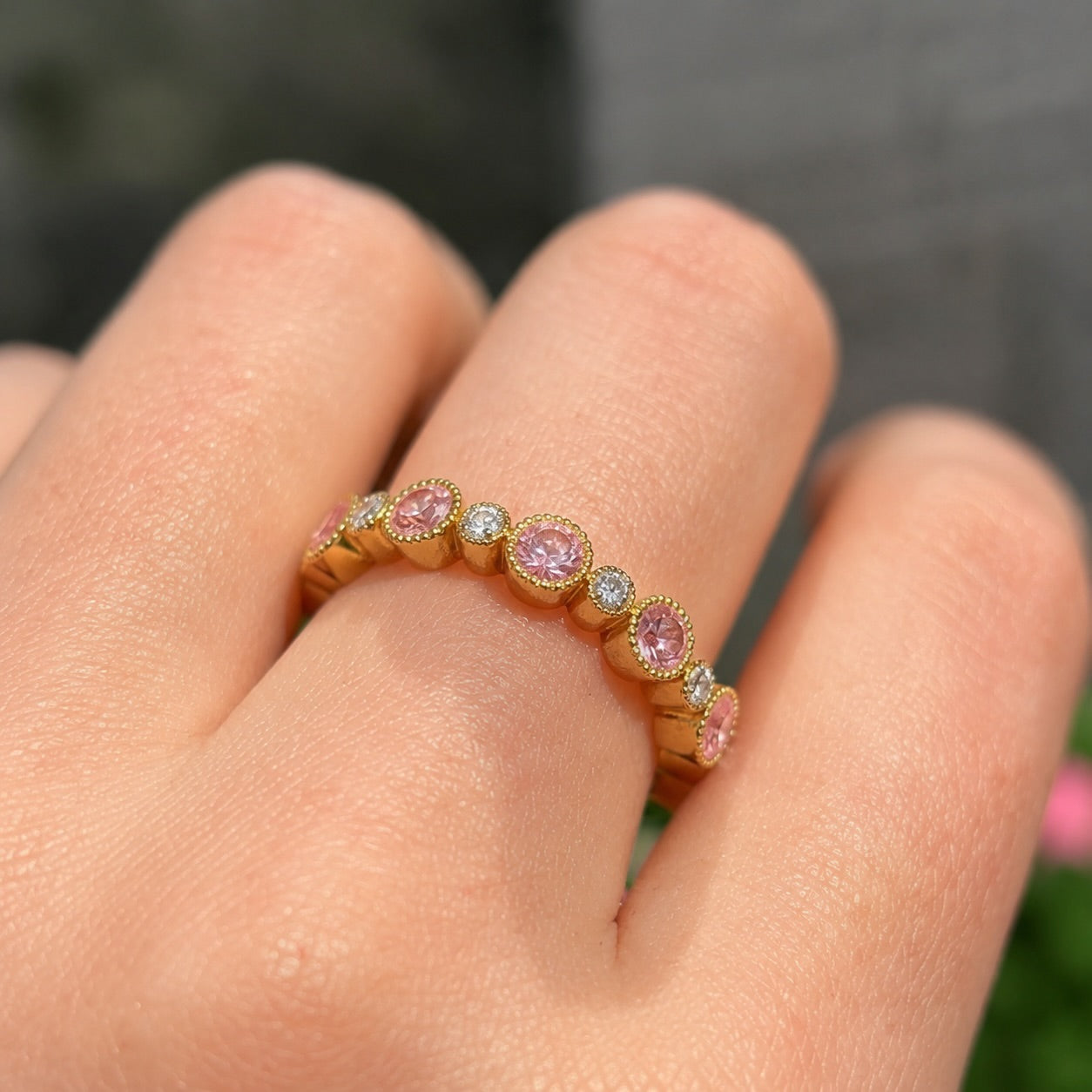 Sweet 9ct Yellow Gold Pink Sapphire and Diamond Half Eternity Ring - Size N