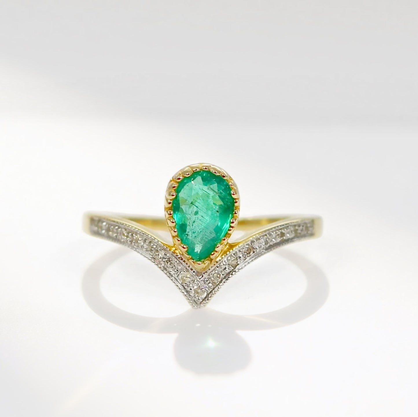 The Ariel Ring - 9ct Yellow Gold Emerald and Diamond Wishbone Size N ½
