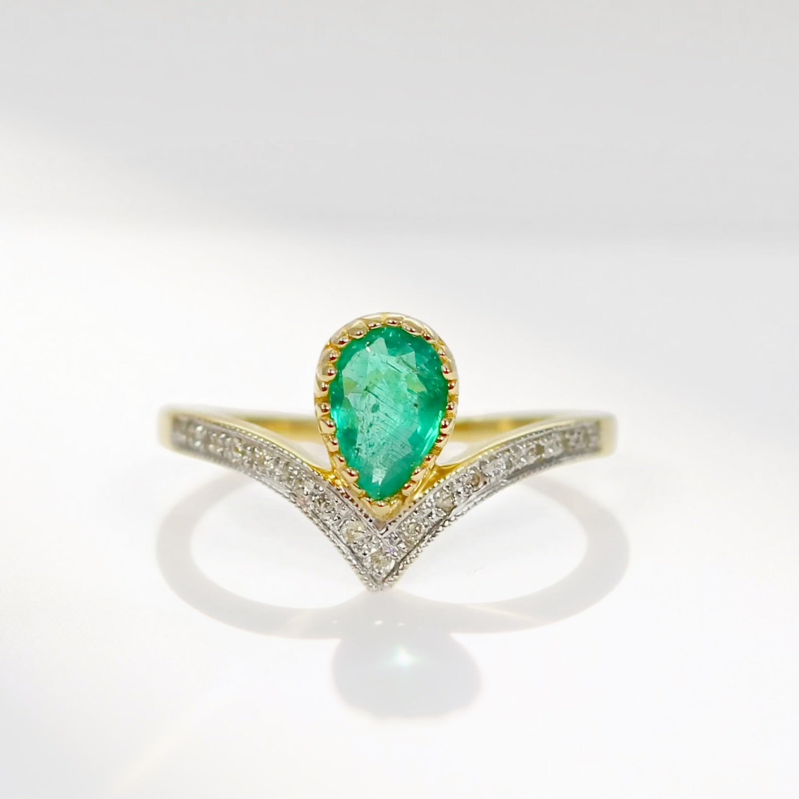 'The Ariel' Emerald and Diamond 9ct Yellow Gold Wishbone Ring | Size N ½