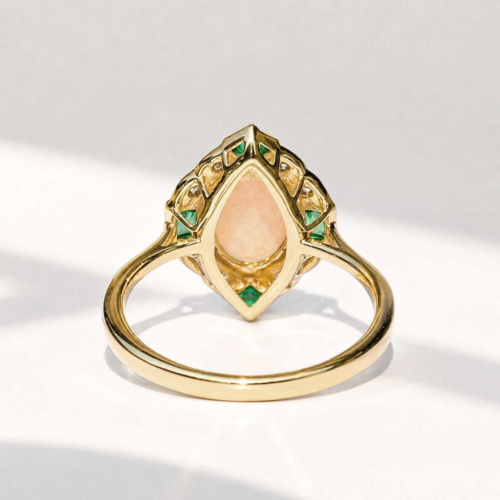 Art Deco Reproduction Opal, Emerald and Diamond 9ct Yellow Gold Ring | Size M ½