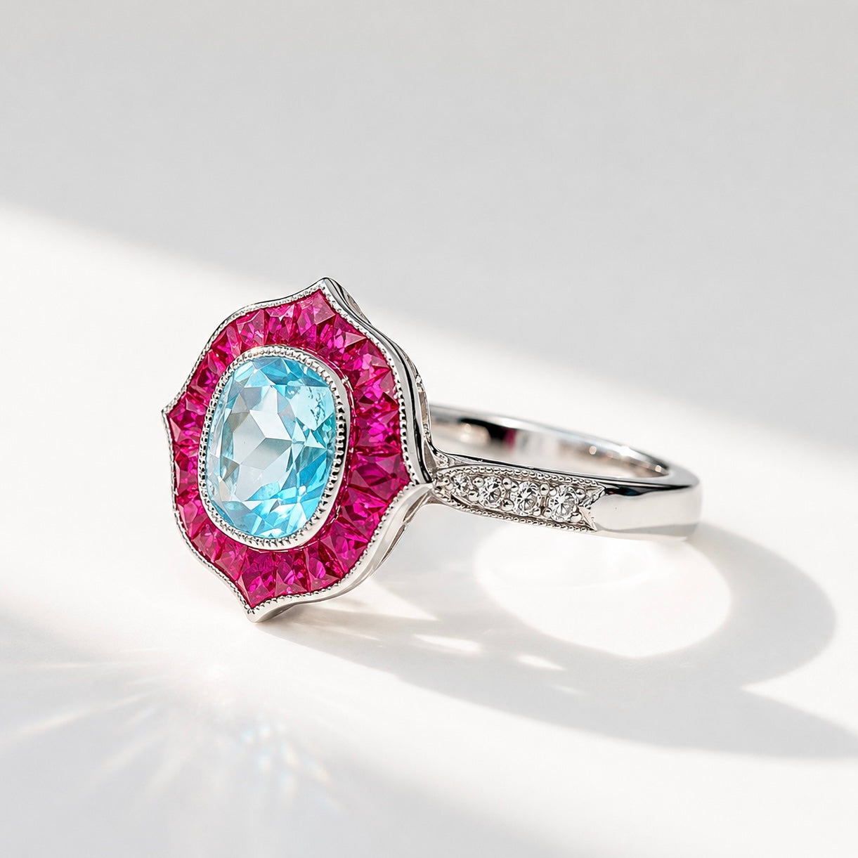 Blue Topaz, Ruby and Diamond 9ct White Gold Ring | Size M ½