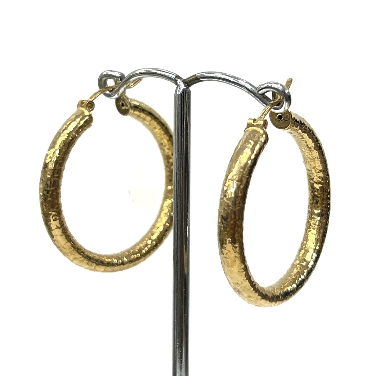 Yellow Gold Plated Sterling Silver Chinky Textured Medium Hoop Earrings