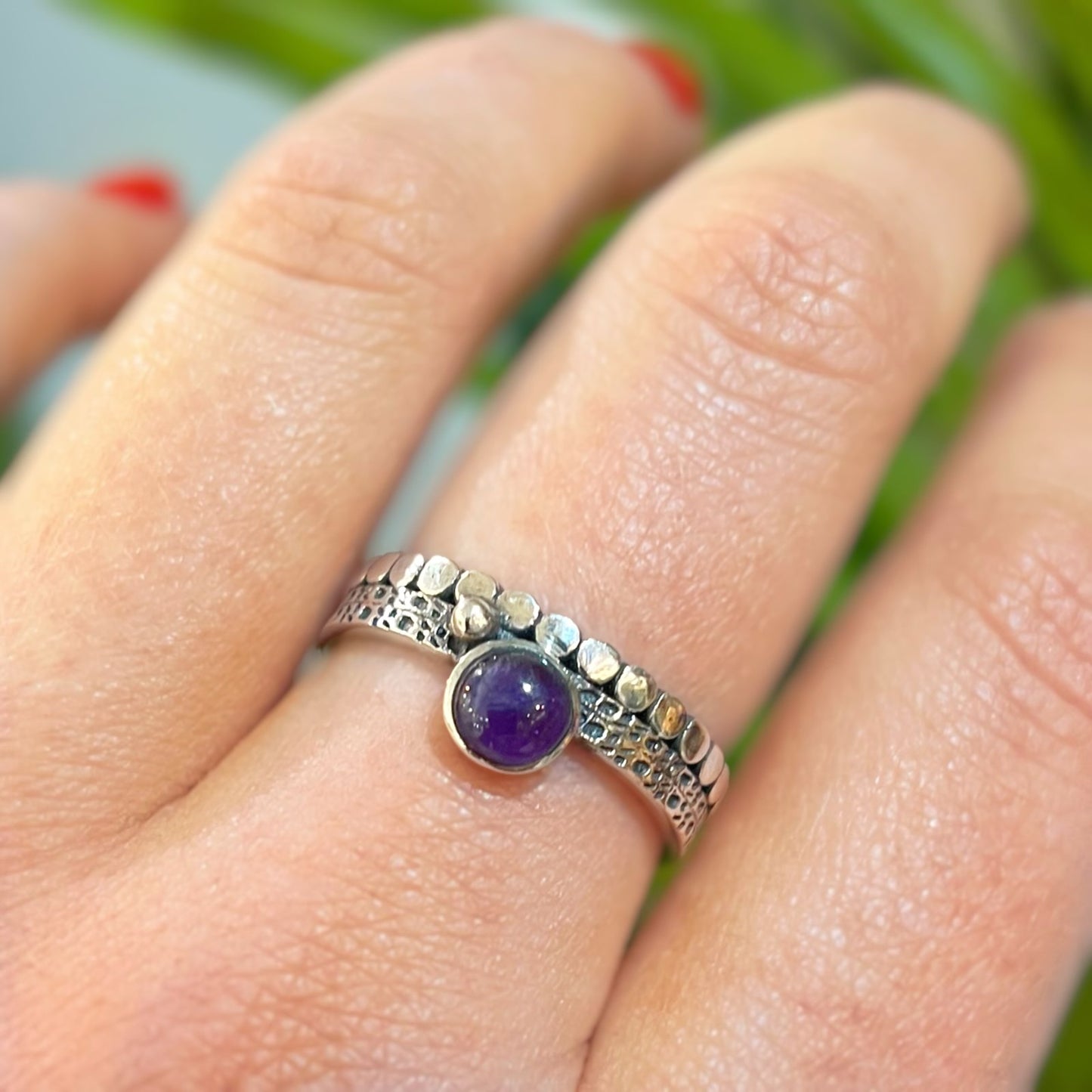 Boho-Inspired Patterned Sterling Silver Amethyst Stacking Ring - Size Q