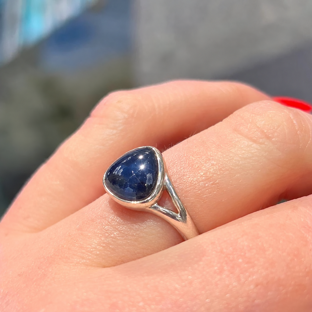 Blue Sapphire Sterling Silver Pear Cut Ring | Size P