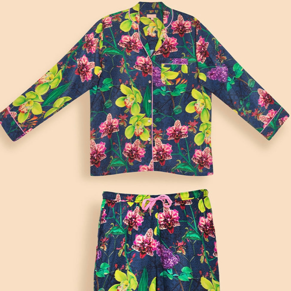 Super Soft Oversized Navy Floral Exotic Evening Long Pyjamas | Powder Accessories