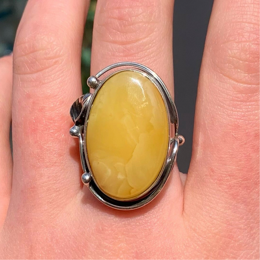 Nature Inspired Chunky Sterling Silver Yellow Butterscotch Amber Ring - Size P 1/2