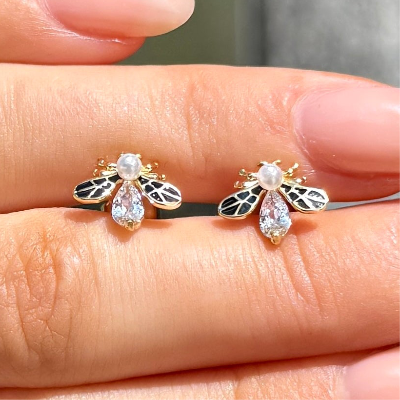 Pearl & Cubic Zirconia Bee Sterling Silver Stud Earrings