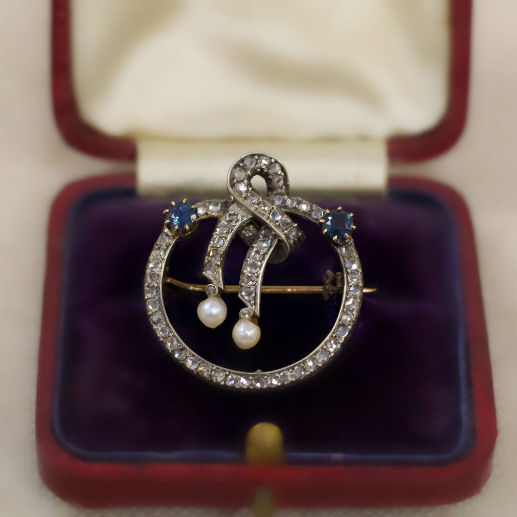 Victorian Sapphire, Pearl and Rose Cut Diamond Brooch