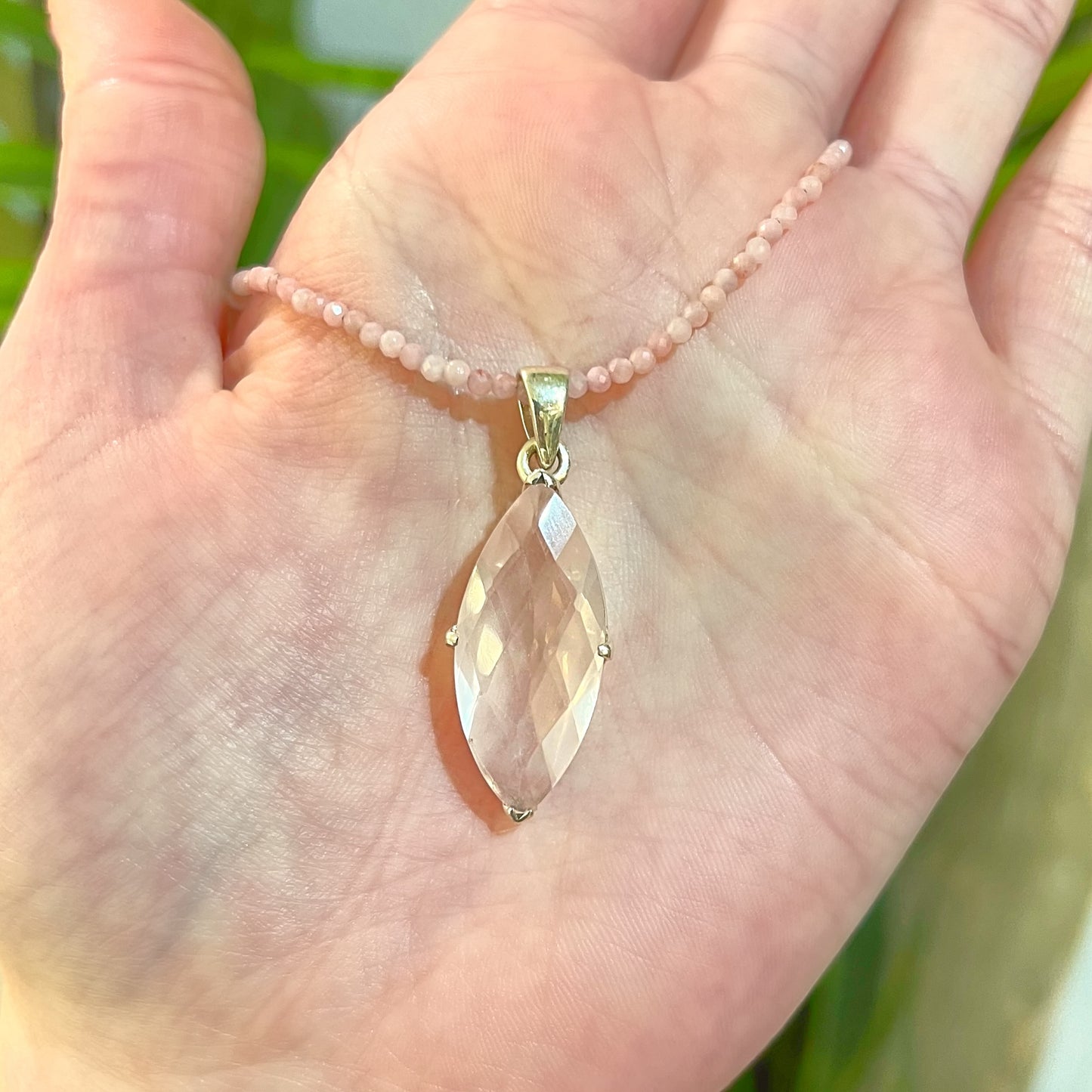 Pink Rose Quartz Marquise Cut Sterling Silver Beaded Necklace