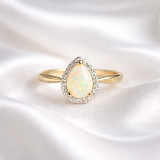 Elegant 9ct Yellow Gold Opal and Diamond Pear Shaped Halo Ring - Size N ½
